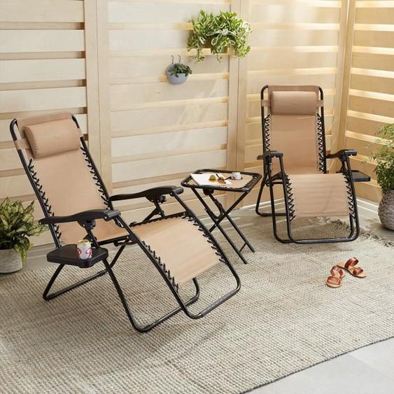 Lot de 2 Fauteuils Chaises Longues Relax de Jardin Plage Rembourrés Beige Polyester