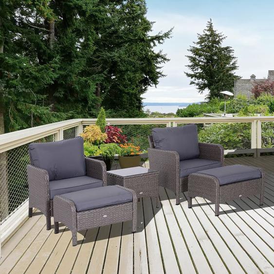 Lot de 2 fauteuils de jardin grand confort repose-pied table basse résine tressée imitation rotin coussins gris