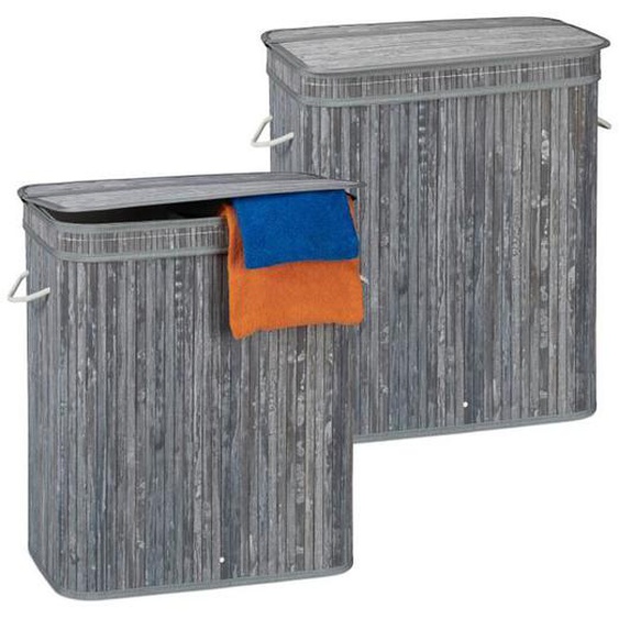 Panier à linge bambou, lot de 2, corbeille rectangulaire, 2 compartiments, couvercle, pliable, 95 L, gris