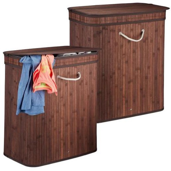 Panier à linge bambou, lot de 2, corbeille rectangulaire, 2 compartiments, couvercle, pliable, 95 L, marron