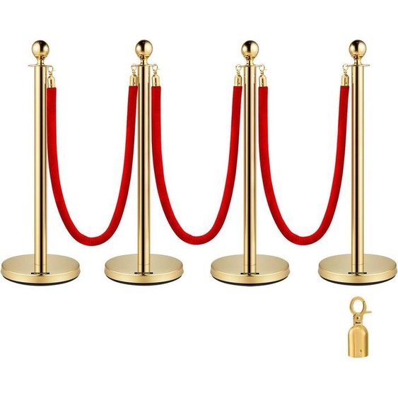 Lot de 2 poteaux de barrière de contrôle daccès ronds dorés avec corde de sécurité en acier inoxydable de 1,5 m et 3 cordes en velours rouge, lot de 4