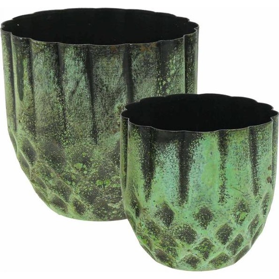 lot de 2 pots de fleurs vintage verts en métal Ø14/12cm - Cache-pots décoratifs pour plantes artificielles & déco