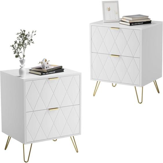 UEV - Lot de 2 Table à Chevet, Table de Nuit, Table dAppoint avec 2 Tiroirs, avec Manches et Pieds en Couleur Doré, Style Moderne, Scandinave pour