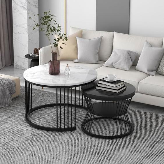 Lot De 2 Tables Basses Gigognes,Tables DAppoint, Rond, Cadre En Métal, Marbre Placage, 70X70X45,5cm, Blanc + Noir