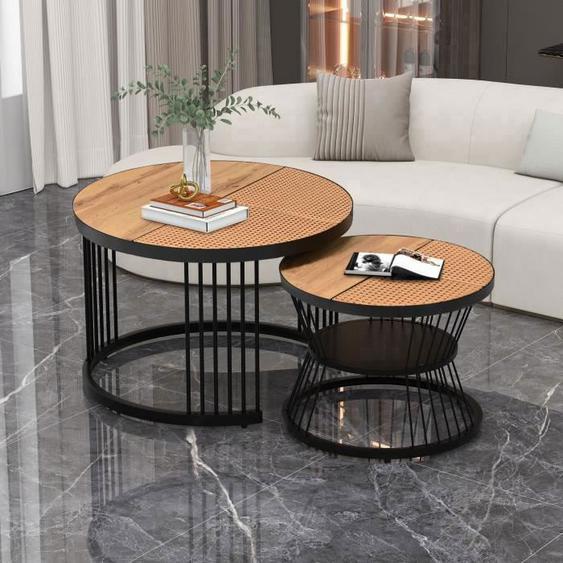 Lot De 2 Tables Basses Gigognes Rondes Avec Structure En Métal Doré, 70X45cm & 45X45cm, Marron