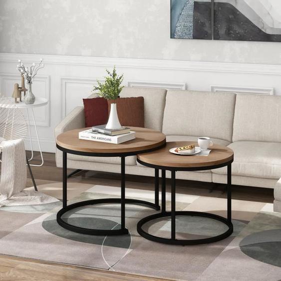 Lot de 2 Tables basses table gigogne table dappoint50x70,5cm(øxH)-45,5x44cm(øxH)avec surface en MDF et pieds en métal, ronde