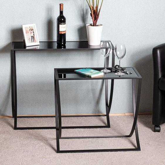 Lot de 2 tables dappoint 80 et 60 cm en métal et verre noir - MACEIO