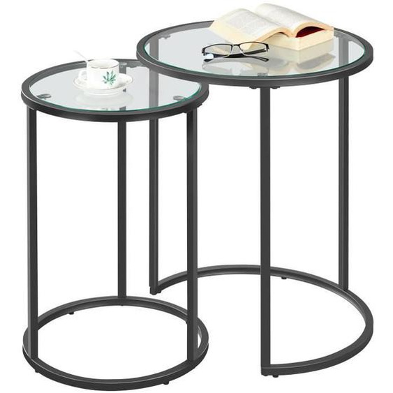 Lot de 2  Tables dAppoint Basse Ronde - Tables Gigogne en Métal et Verre - Empilable - Salon Chambre Balcon - Noir - Yaheetech