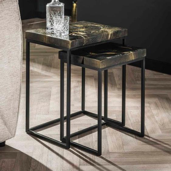 Lot de 2 tables gigognes 47 et 37 cm en teck noir et doré - PUERTO