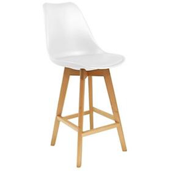 Lot de 2 - Tabouret haut Thelma coque PVC avec coussin rembourré - Blanc - Pieds bois