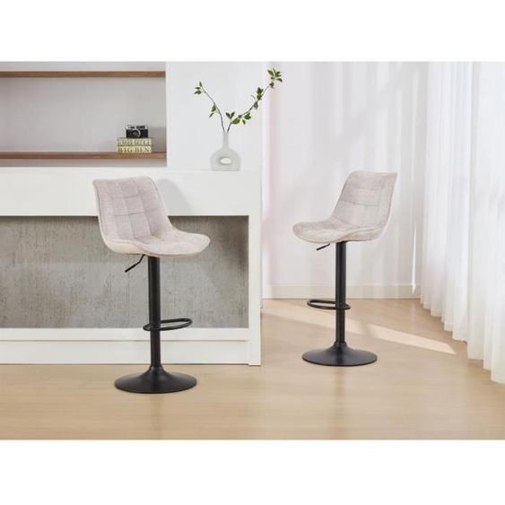 Lot de 2 tabourets de bar en tissu bouclette et métal noir - Hauteur réglable - Blanc - LIMA II