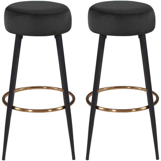 Lot de 2 tabourets de bar en tissu velours noir cadre en metal avec repose-pieds