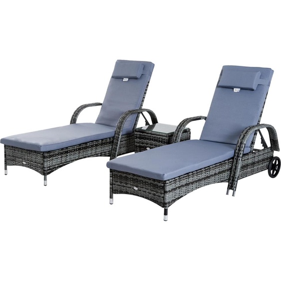 Lot de 2 transats bains de soleil grand confort : matelas, tºtire, inclinaison rglable multipositions, accoudoirs, roulettes + table basse verre tremp rsine tresse gris