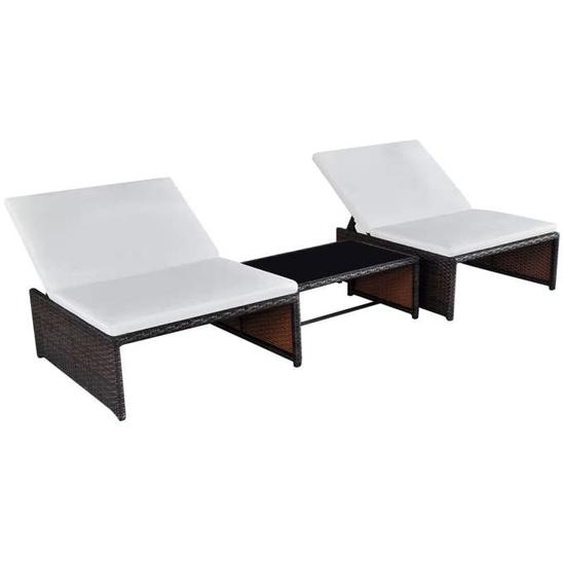 Lot de 2 transats chaise longue bain de soleil lit de jardin terrasse meuble d exterieur avec table resine tressee marro
