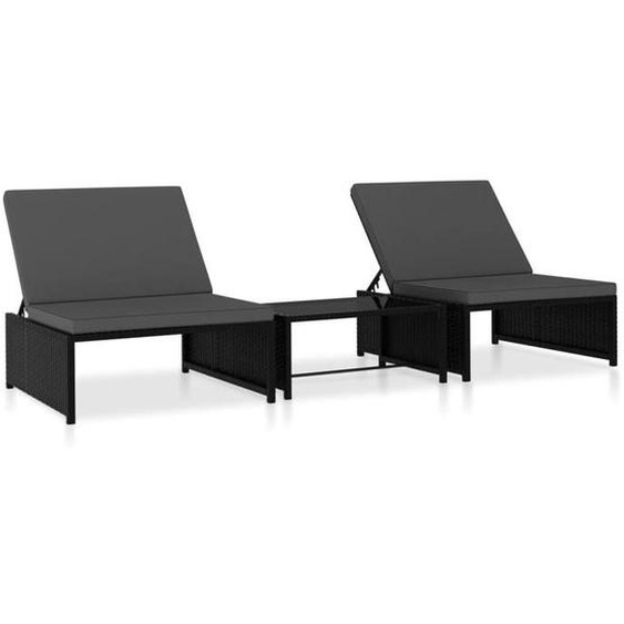 Lot de 2 transats chaise longue bain de soleil lit de jardin terrasse meuble d exterieur avec table resine tressee noir