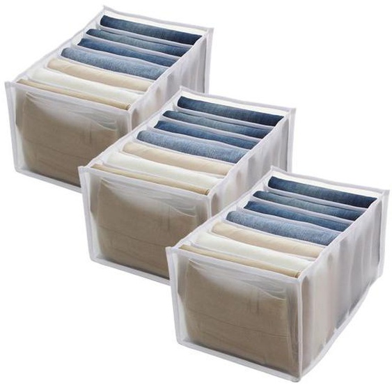 Lot de 3 boîtes de rangement à compartiments pour jeans, tiroir de placard, rangement pour pantalons en maille - Blanc