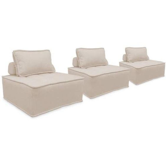 Lot de 3 chauffeuses pour canapé modulables tissu capitonné crème avec 1 coussin