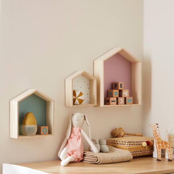 Lot de 3 étagères maison bois rose