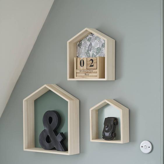 Lot de 3 étagères maison bois vert deau
