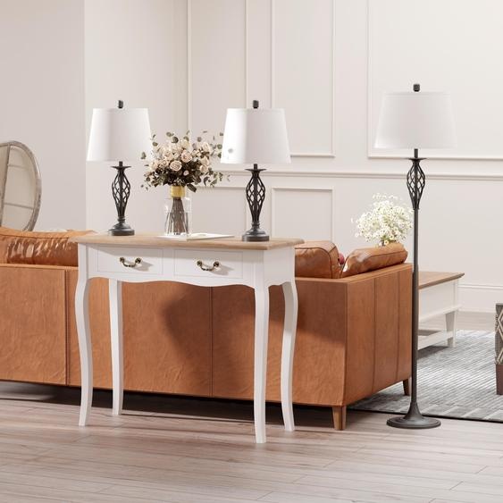Lot de 3 lampes (2 lampes de table + 1 lampadaire) de style vintage, abat-jour en tissu, métal, noir et blanc | ø38 x H158 cm | E27 max. 40 W | Interrupteur au pied