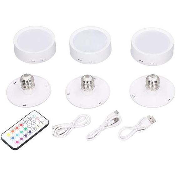 lot de 3 lampes LED Puck, 4 couleurs, à intensité variable, minuterie, rechargeables, fonctionnant sur piles, avec culot E26 et télécommande