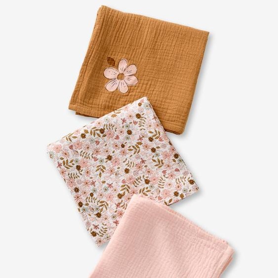 Lot de 3 langes en gaze de coton FLORA caramel