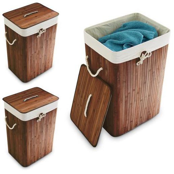 Panier à linge bambou, lot de 3, corbeille linge pliante, 83L, sac intérieur coton, 65,5 x 43,5 x 33,5 cm, marron
