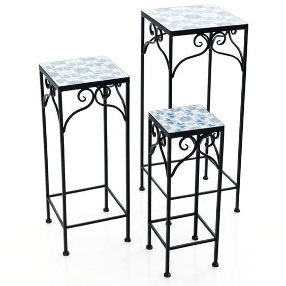 Lot de 3 supports pots de fleurs plateau en ceramique a motifs mosaïque patin antiderapant porte plante en metal bleu