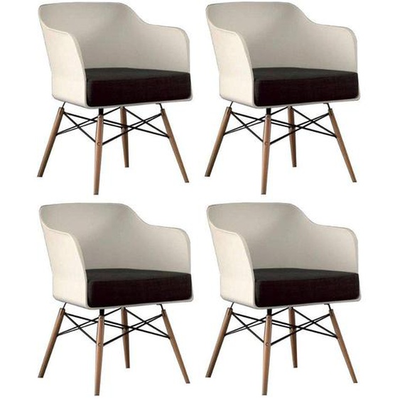 Lot de 4 chaises design NORDIKA coque blanche et hêtre massif coussin anthracite
