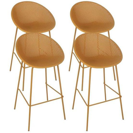 Lot de 4 chaises hautes de terrasse en plastique jaune moutarde - Oviala