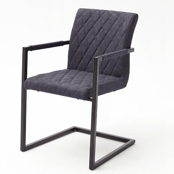 Lot de 4 chaises KERRY tissu gris couture diamant avec piètement tube carré métal noir mat avec accoudoirs
