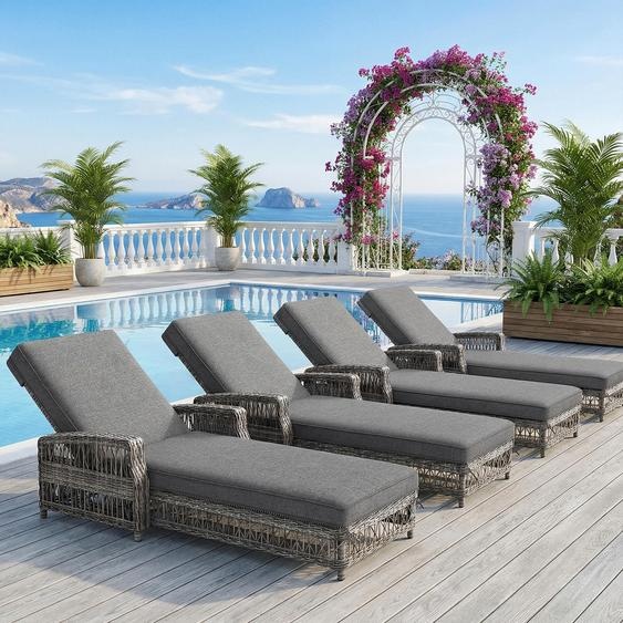 Lot de 4 chaises longues dextérieur en rotin, chaises longues résistantes aux intempéries avec dossier réglable et coussin amovible