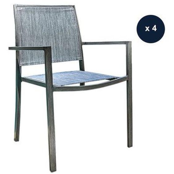 Lot de 4 Fauteuils de jardin en aluminium et textilène empilable aspect teck gris SANTORIN - Jardiline