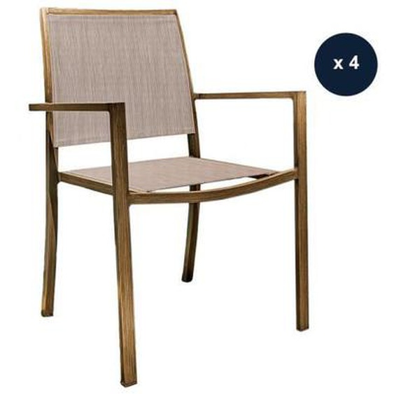 Lot de 4 Fauteuils de jardin en aluminium et textilène empilable aspect teck SANTORIN - Jardiline 55 x 58 x 85 cm Marron