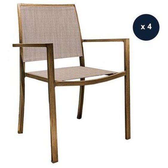 Lot de 4 Fauteuils de jardin en aluminium et textilène empilable aspect teck SANTORIN - Jardiline