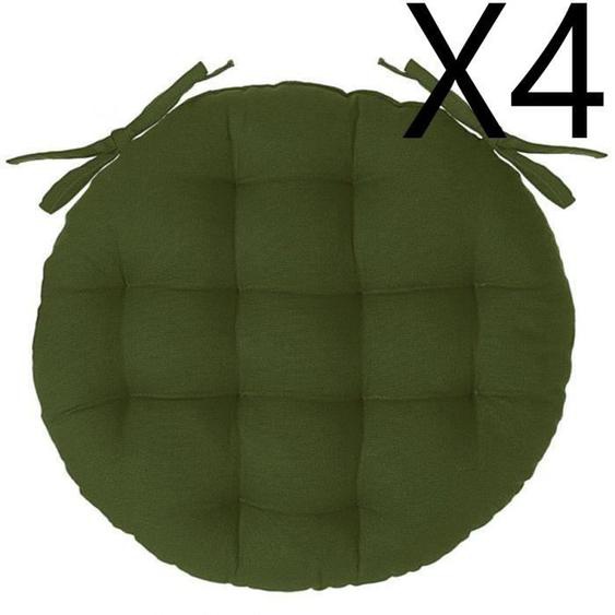 Lot de 4 galettes de chaise rondes coloris vert Kaki en coton - Diamètre 38 x hauteur 6,5 cm
