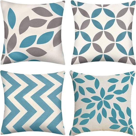 Lot de 4 housses de coussin en coton et lin, taie doreiller décorative moderne et géométrique pour le salon, 45x45cm, bleu