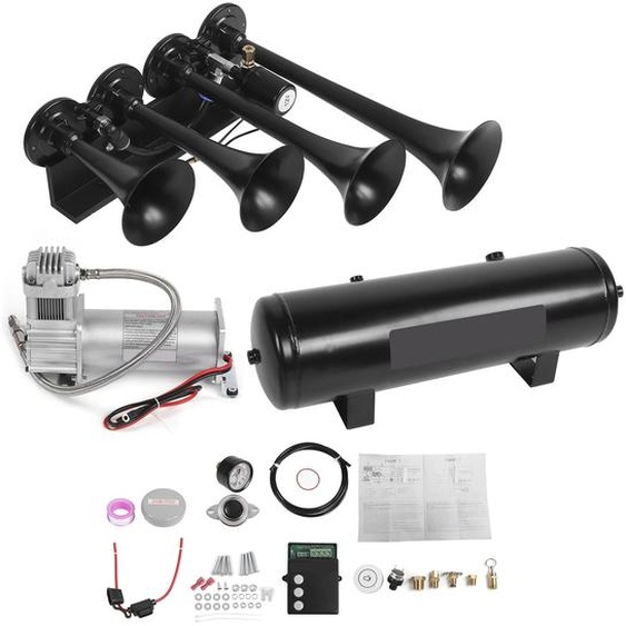 Lot de 4 klaxons à air comprimé, en acier inoxydable, 200 PSI, système puissant, compatible avec tous les véhicules 12 V