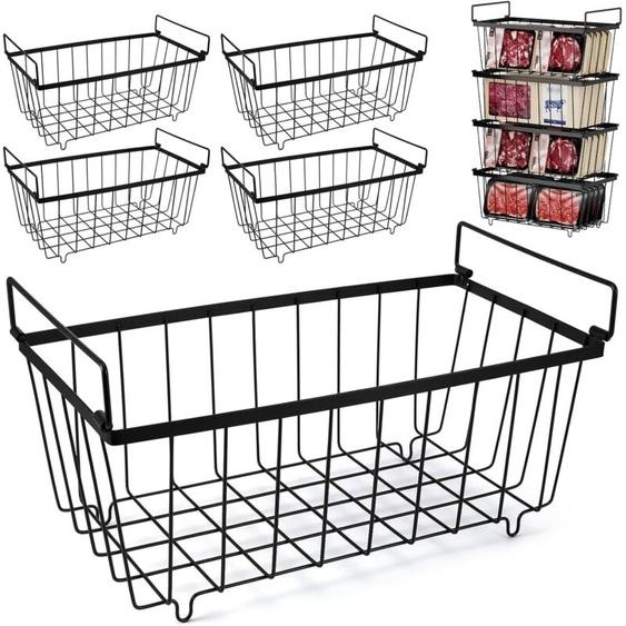 Lot de 4 paniers empilables coffre 198L – avec poignées, tri aliments congelés, gain espace garde-manger