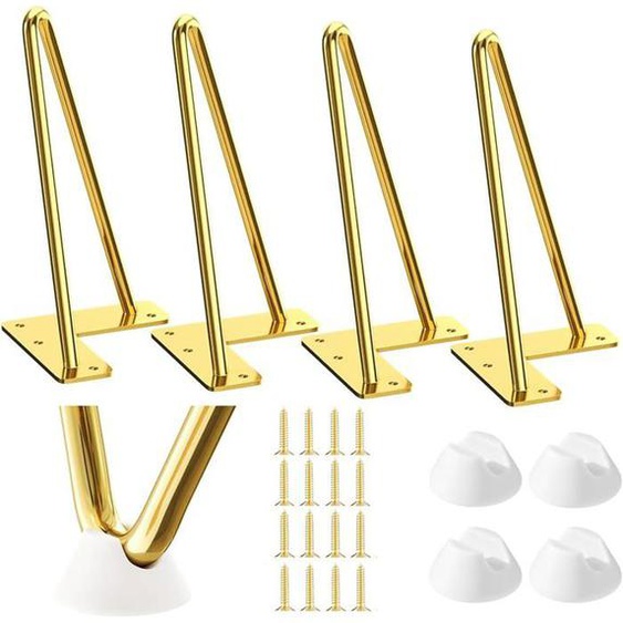 Lot de 4 Pied de Meuble Doré 20 cm Pieds de Table en Épingle à Cheveux avec Vis et Rotège Pieds Pied de Table Metal Doré Pied