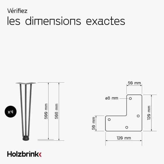 Lot de 4 pieds de table en épingle - acier - salon - hauteur 50cm - acier brut - HOLZBRINK