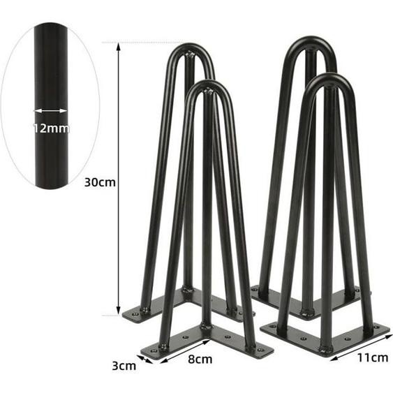 Lot de 4 pieds de table en épingle - Kangfun - Hauteur 30 cm - Noir - Moderne - Industriel - Acier massif