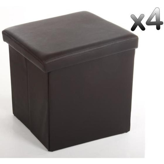 Lot de 4 poufs carrés - PEGANE - Lilo - Simili cuir - Marron - Intérieur et extérieur