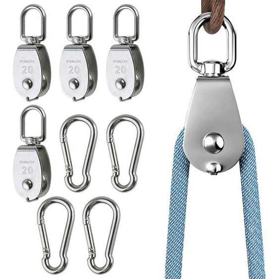 Lot de 4 poulies en acier inoxydable avec mousquetons, pivotantes à 360°, capacité de charge de 75 kg