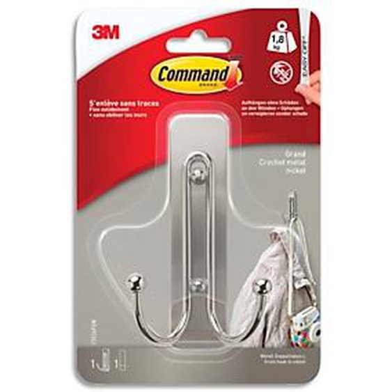 Lot de 5 - COMMAND Crochet double adhésif 3M grand en métal nickel - poids supporté 1,8kg - senlève sans trace