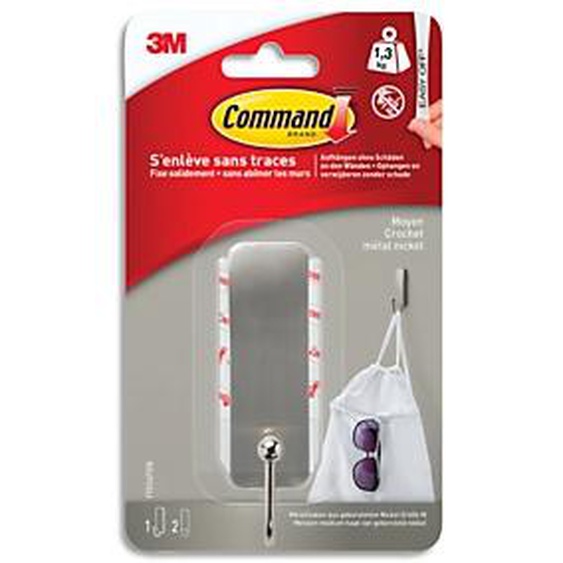 Lot de 5 - COMMAND Crochet simple adhésif 3M moyen en métal nickel - poids supporté 1,3kg - senlève sans trace