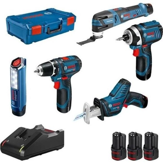 Lot de 5 outils 12V - BOSCH PRO - avec 3 batteries GBA 12V 2.0Ah - chargeur GAL 12 - L-Boxx - 0615990N1D