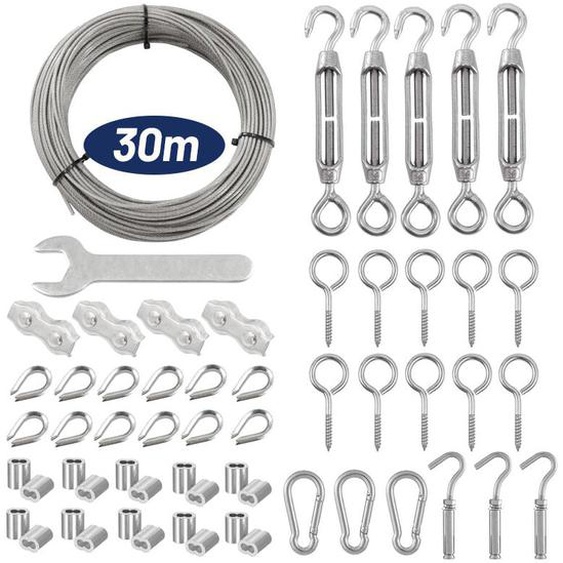 Houhence - Lot de 59 Corde Cable Acier Inoxydable de 30 m - Tendeur de câble en acier inoxydable 304 - Avec œillets - Tuteurs pour plantes