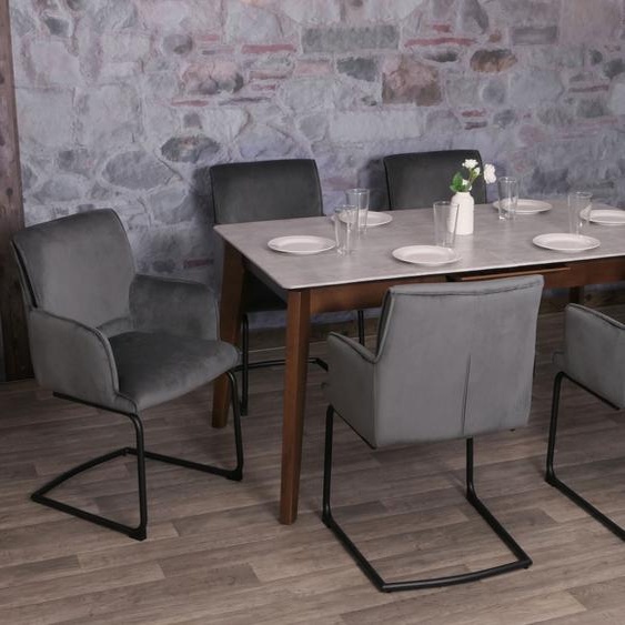 lot de 6 chaises cantilever HWC-N60, chaise de salle à manger, chaise de cuisine, tissu/textile Oeko-Tex ~ gris foncé