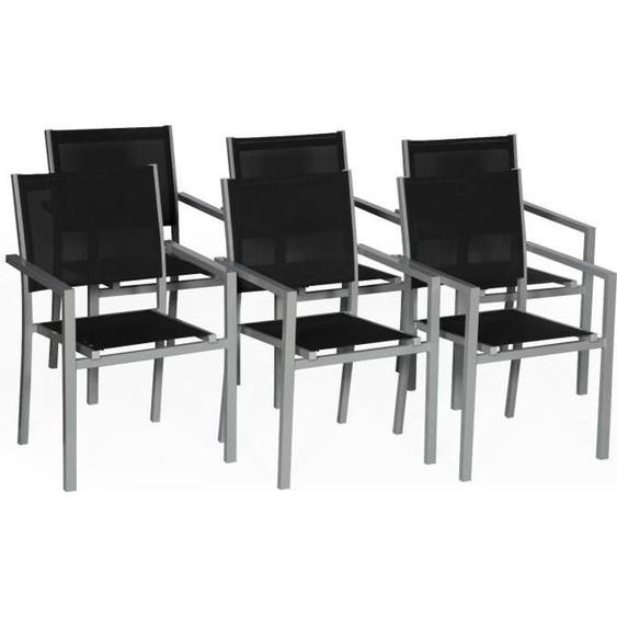 Lot de 6 chaises en aluminium gris - textilène noir